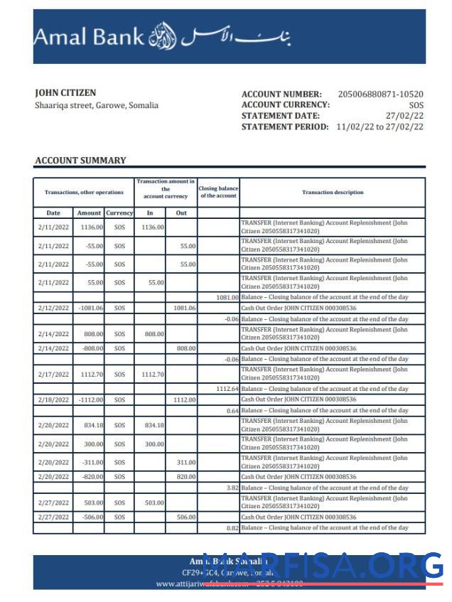 Printable Somalia Amal bank statement excel download for verification
